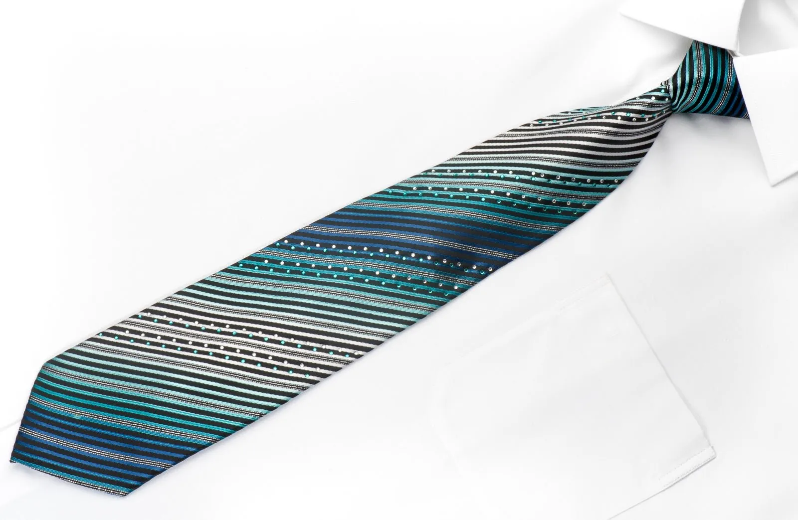 Armarichi Men's Crystal Rhinestone Silk Necktie Striped On Blue With Silver Sparkles