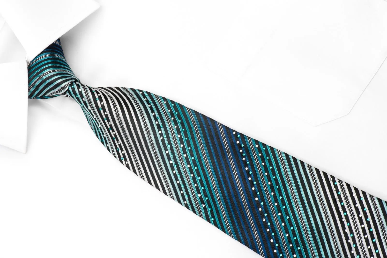 Armarichi Men's Crystal Rhinestone Silk Necktie Striped On Blue With Silver Sparkles
