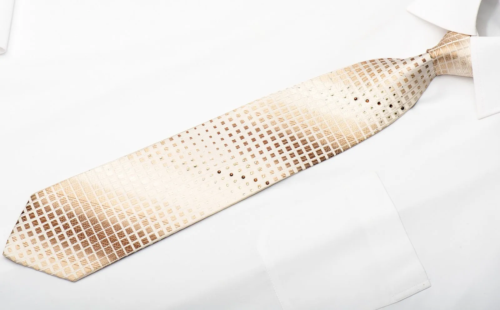 Austin Reed Men's Silk Necktie Brown Squares On Beige Sparkling With Rhinestones
