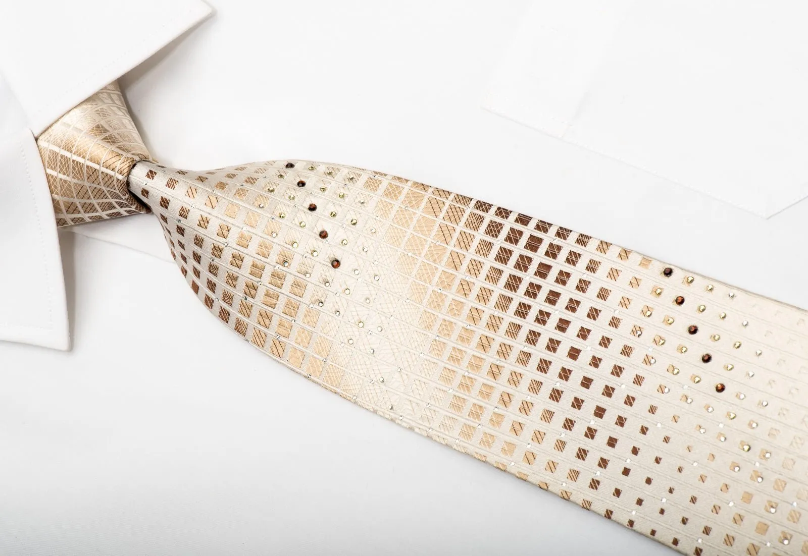 Austin Reed Men's Silk Necktie Brown Squares On Beige Sparkling With Rhinestones
