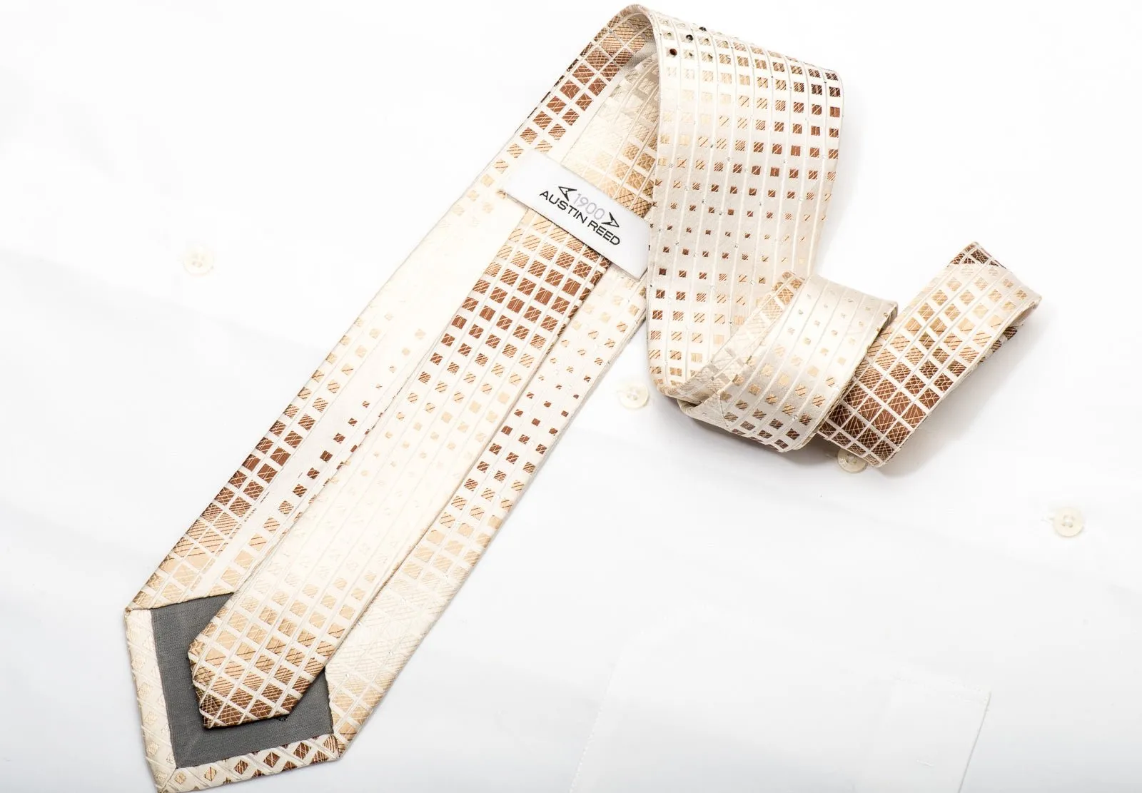 Austin Reed Men's Silk Necktie Brown Squares On Beige Sparkling With Rhinestones