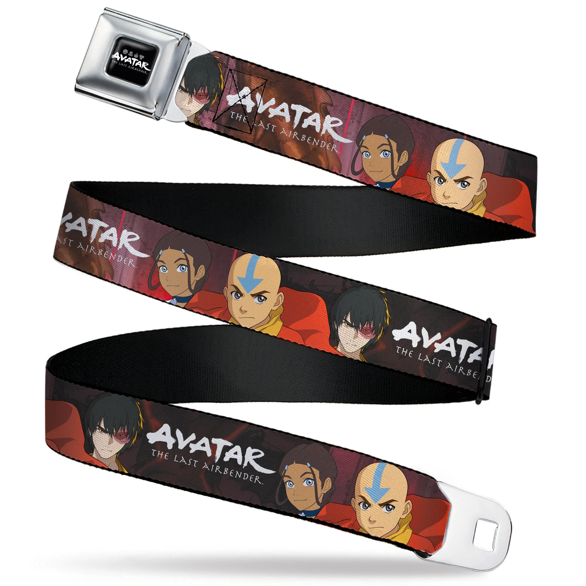 AVATAR LAST AIRBENDER Title Logo Full Color Black/White Seatbelt Belt - AVATAR THE LAST AIRBENDER Katara Aang Zuko Group Pose Webbing