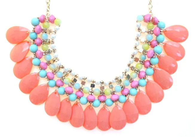 Beaded Layered Teardrop Necklace- Peach