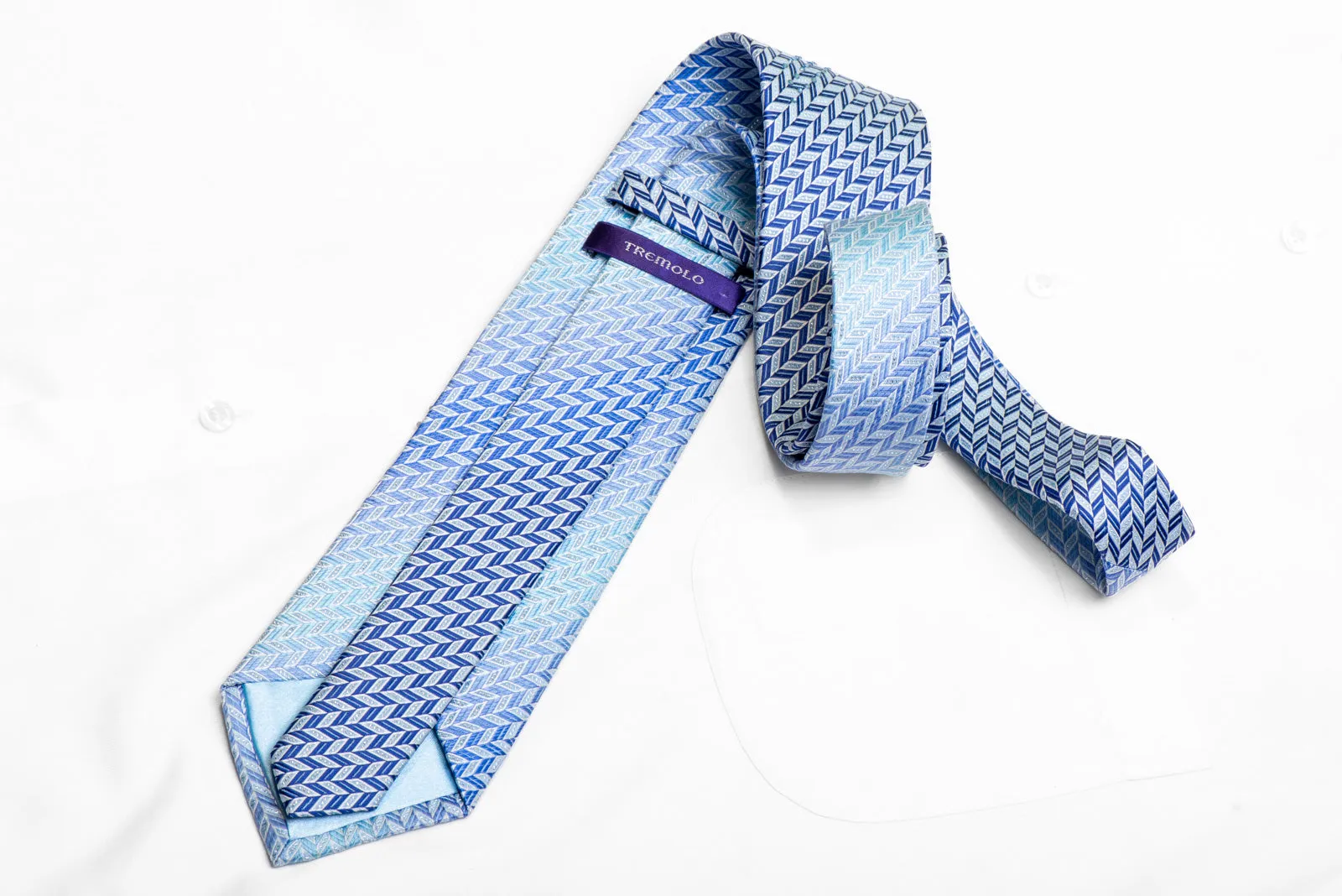 Blue Geometric Chevron Rhinestone Silk Necktie With Sparkles