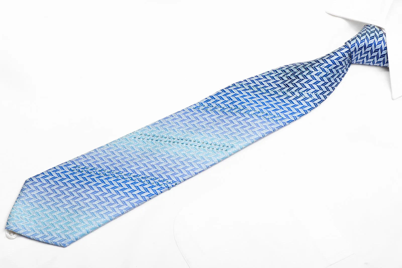 Blue Geometric Chevron Rhinestone Silk Necktie With Sparkles
