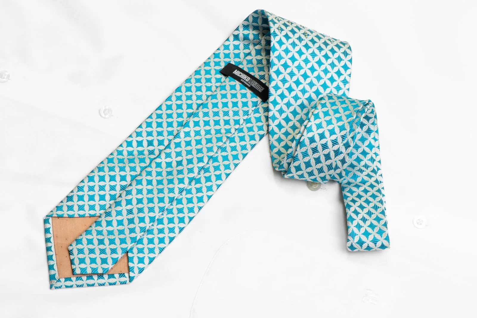 Blue Geometric On White Rhinestone Silk Necktie With Blue Sparkles