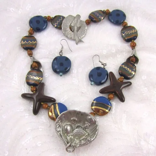 Blue Kazuri Statement Necklace with Lily Pendant & Earrings