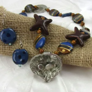 Blue Kazuri Statement Necklace with Lily Pendant & Earrings