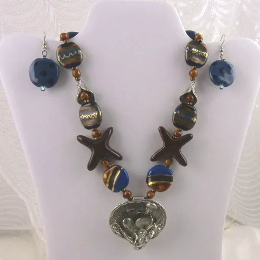 Blue Kazuri Statement Necklace with Lily Pendant & Earrings