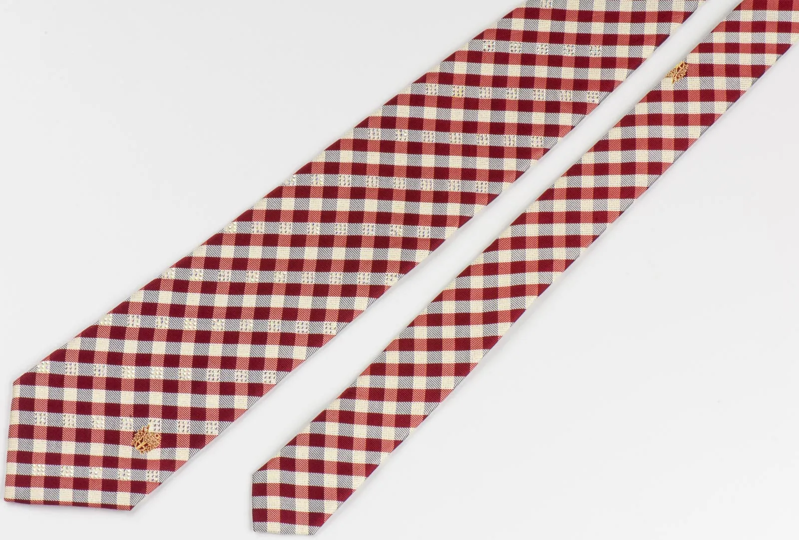 Burgundy Silver Plaid Mens Woven Silk Necktie With Rhinestones