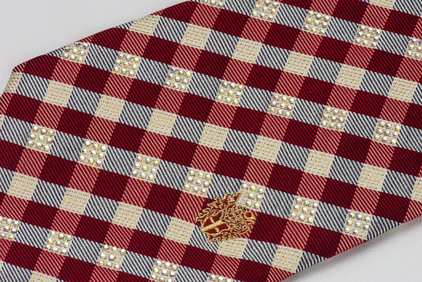 Burgundy Silver Plaid Mens Woven Silk Necktie With Rhinestones