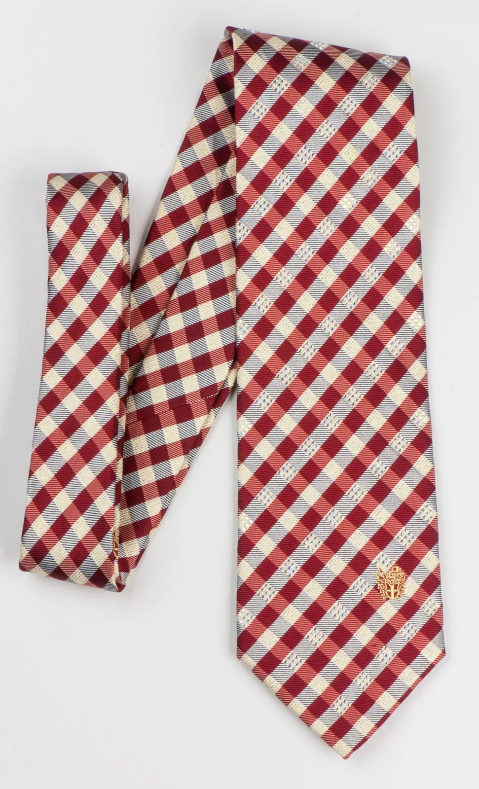 Burgundy Silver Plaid Mens Woven Silk Necktie With Rhinestones