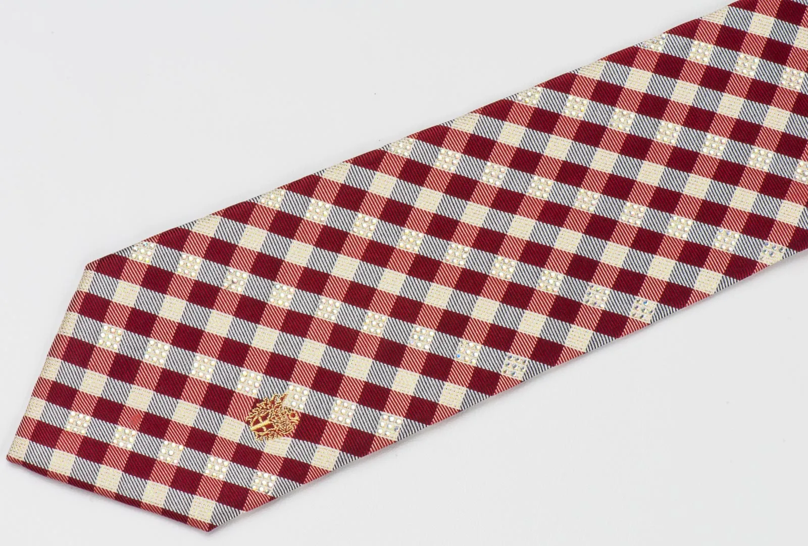 Burgundy Silver Plaid Mens Woven Silk Necktie With Rhinestones