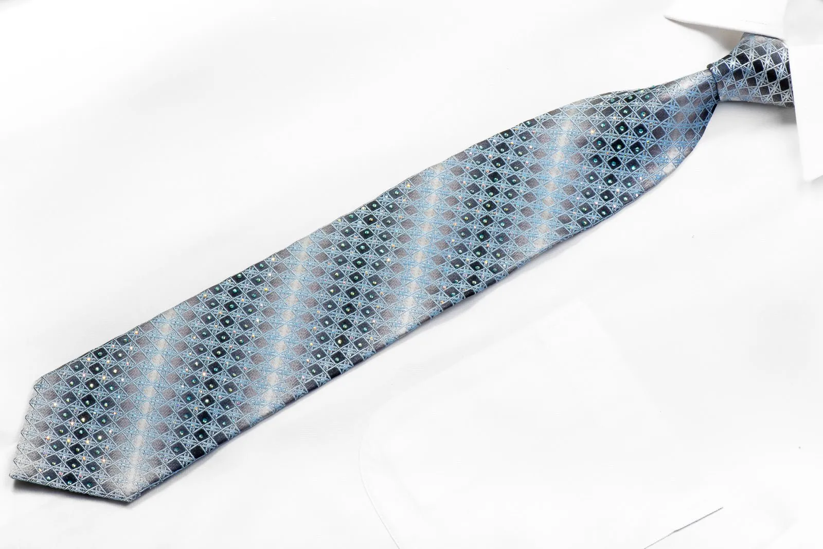 Christian Lacroix Men's Rhinestone Silk Necktie Blue Trellis On Silver With Sparkles