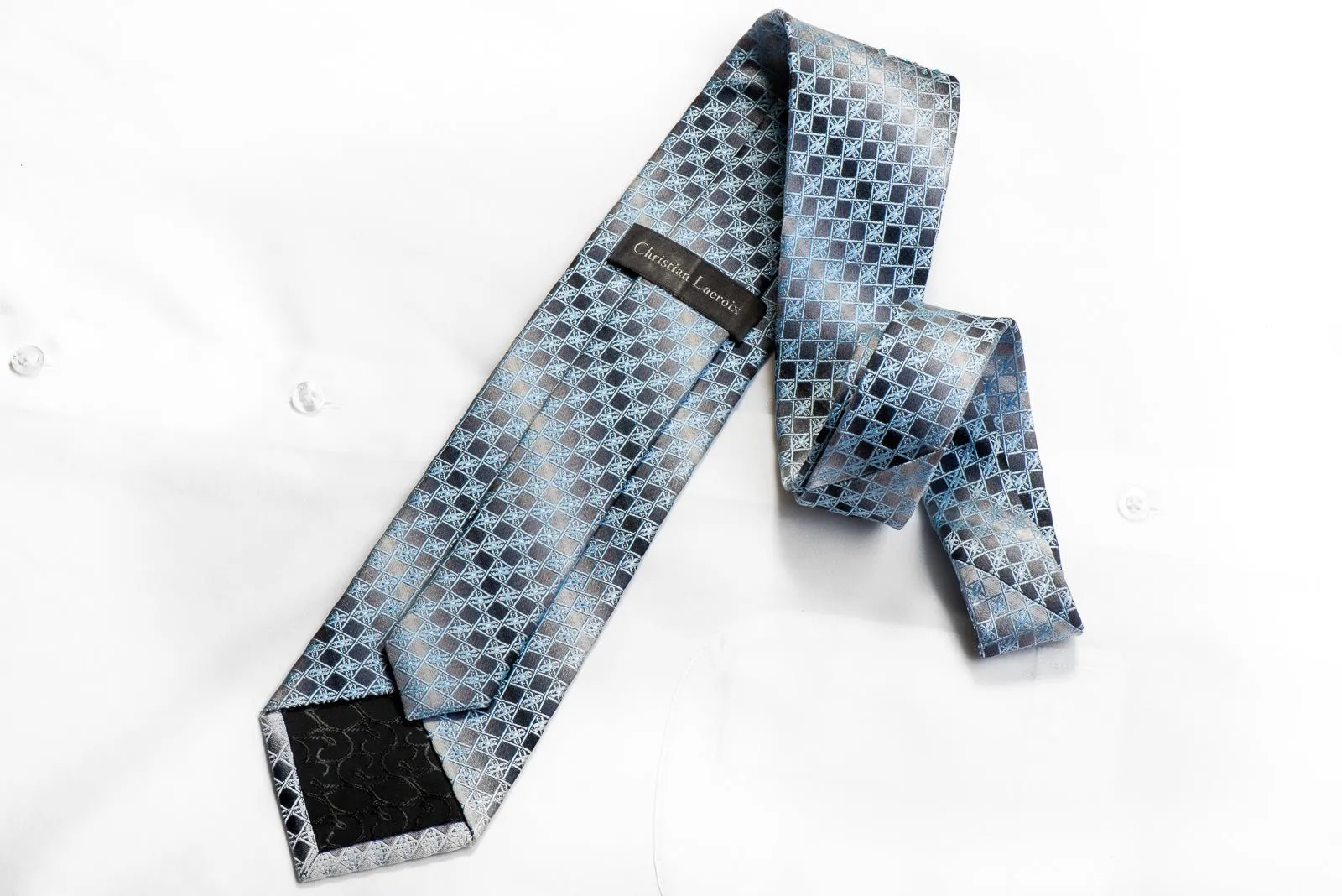 Christian Lacroix Men's Rhinestone Silk Necktie Blue Trellis On Silver With Sparkles