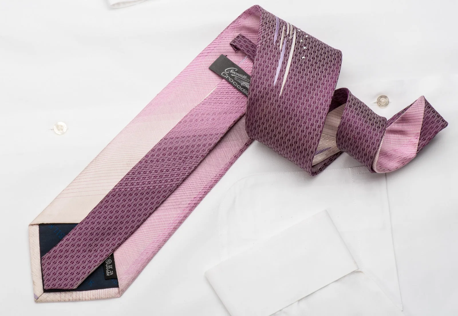 Crocodile Men's Rhinestone Silk Necktie Pink Purple Graduation With Silver Sparkles
