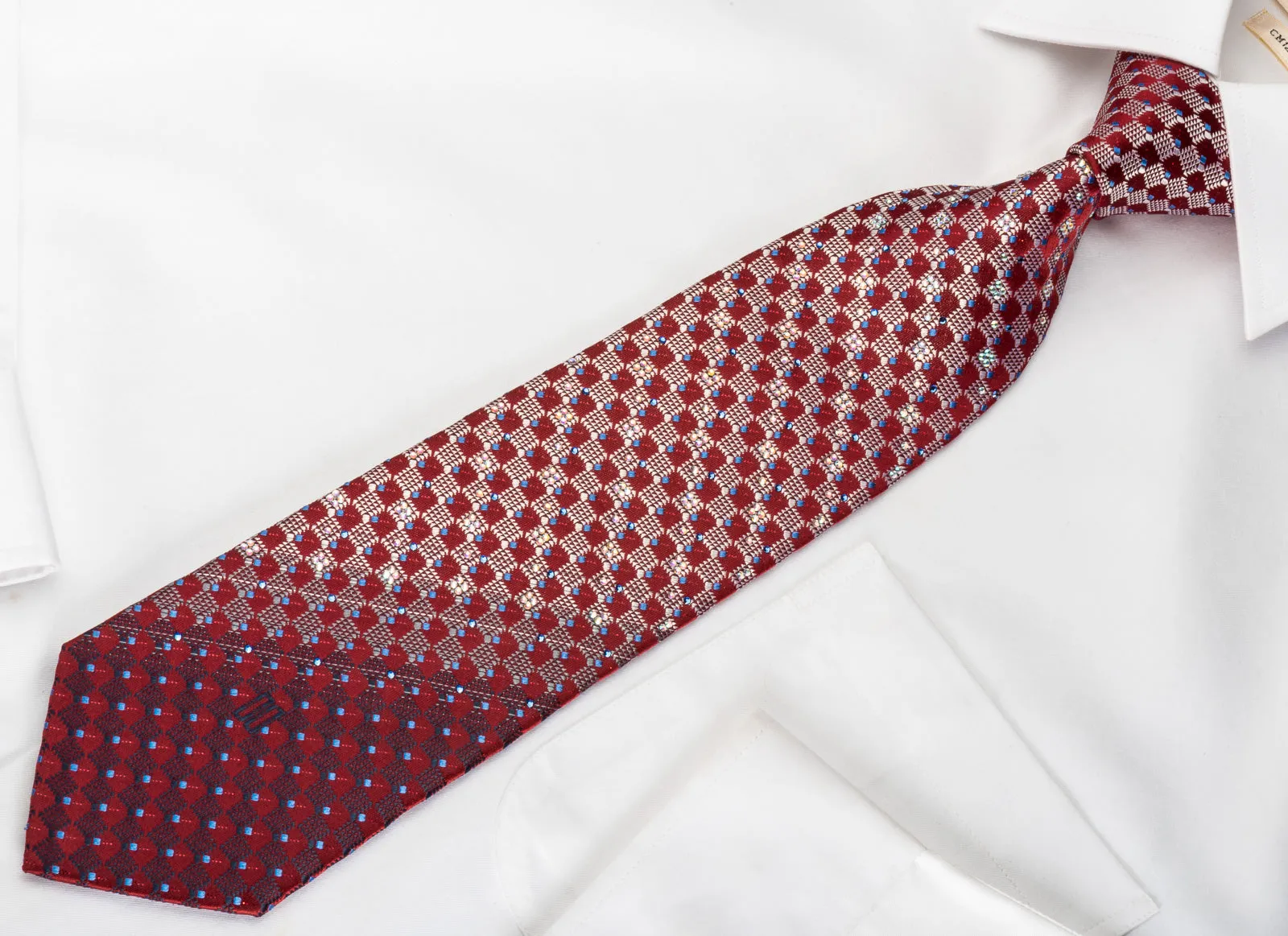 Daks Rhinestone Silk Necktie Checkered On Burgundy With Red Sparkles