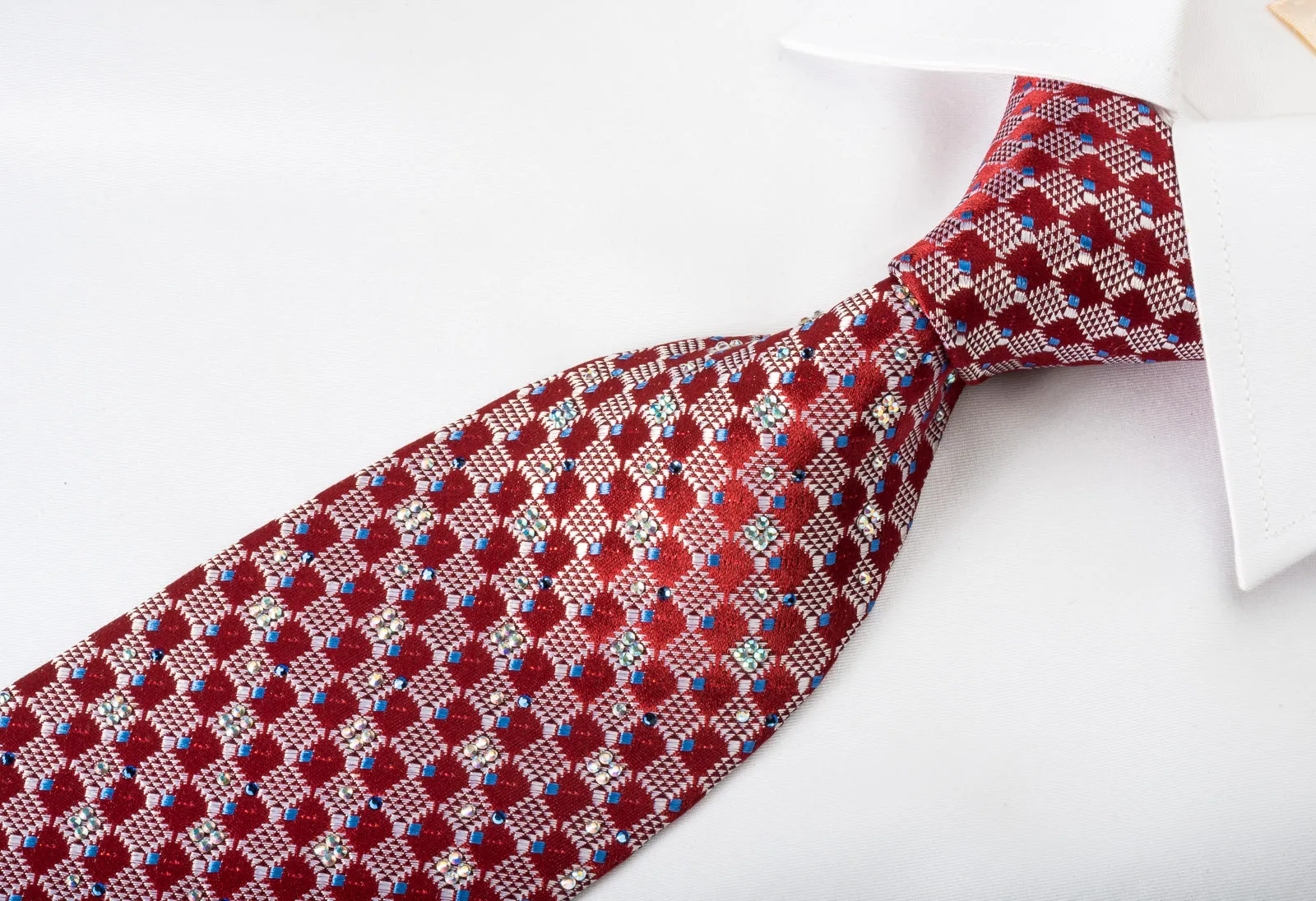Daks Rhinestone Silk Necktie Checkered On Burgundy With Red Sparkles