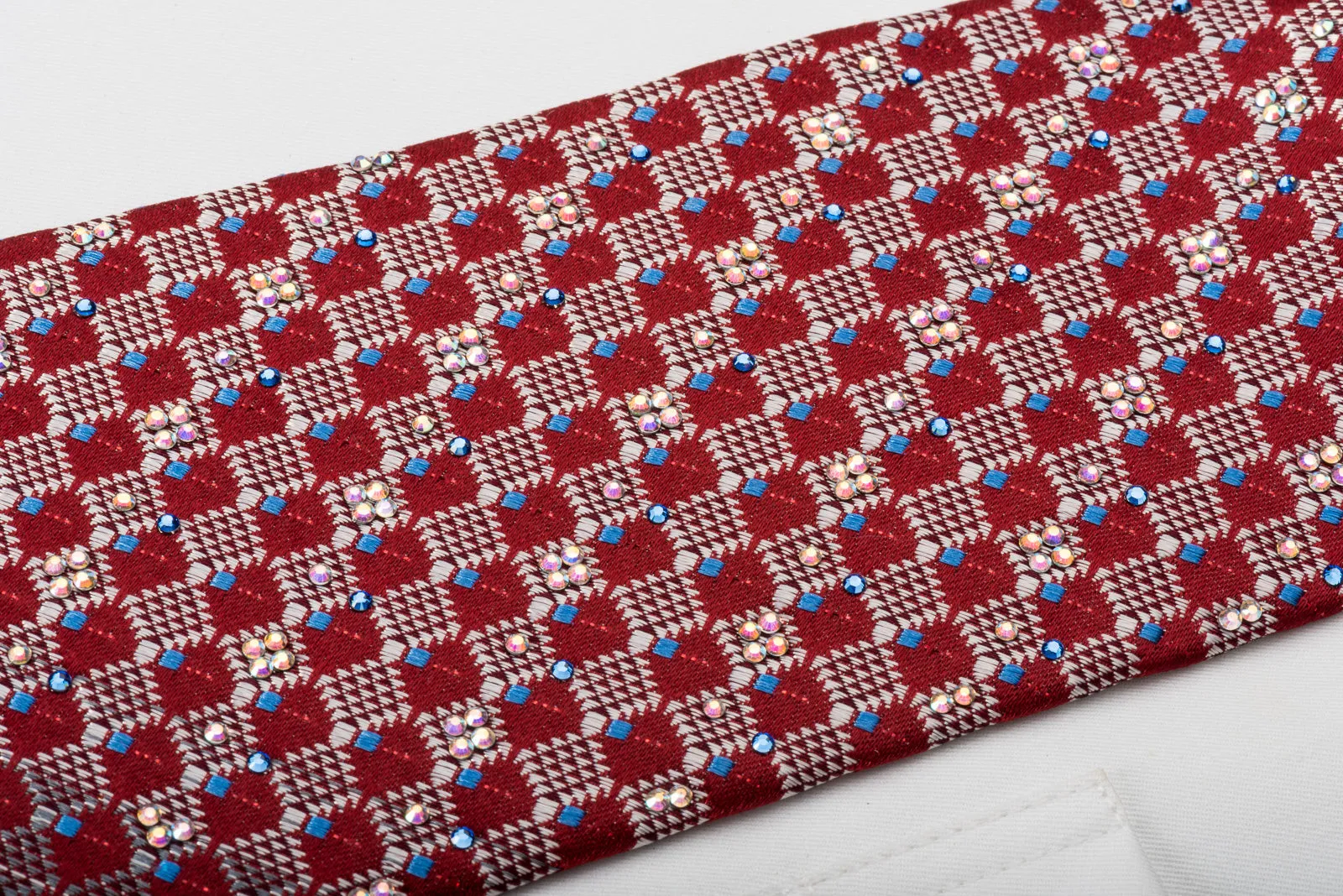 Daks Rhinestone Silk Necktie Checkered On Burgundy With Red Sparkles