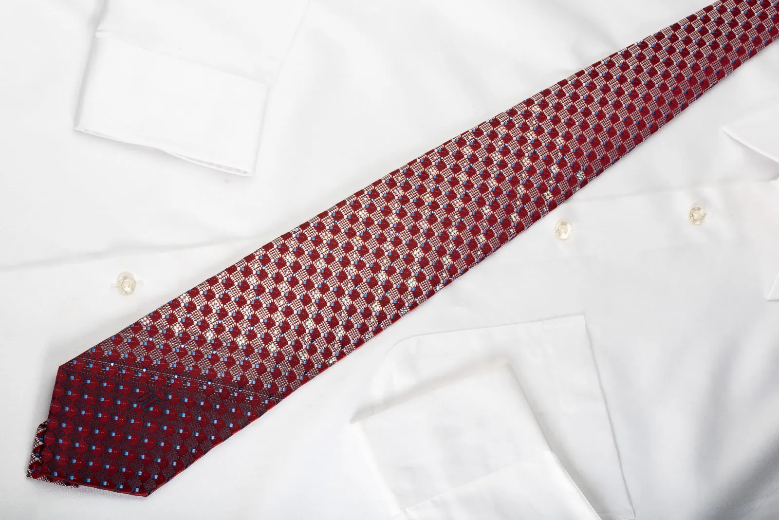 Daks Rhinestone Silk Necktie Checkered On Burgundy With Red Sparkles