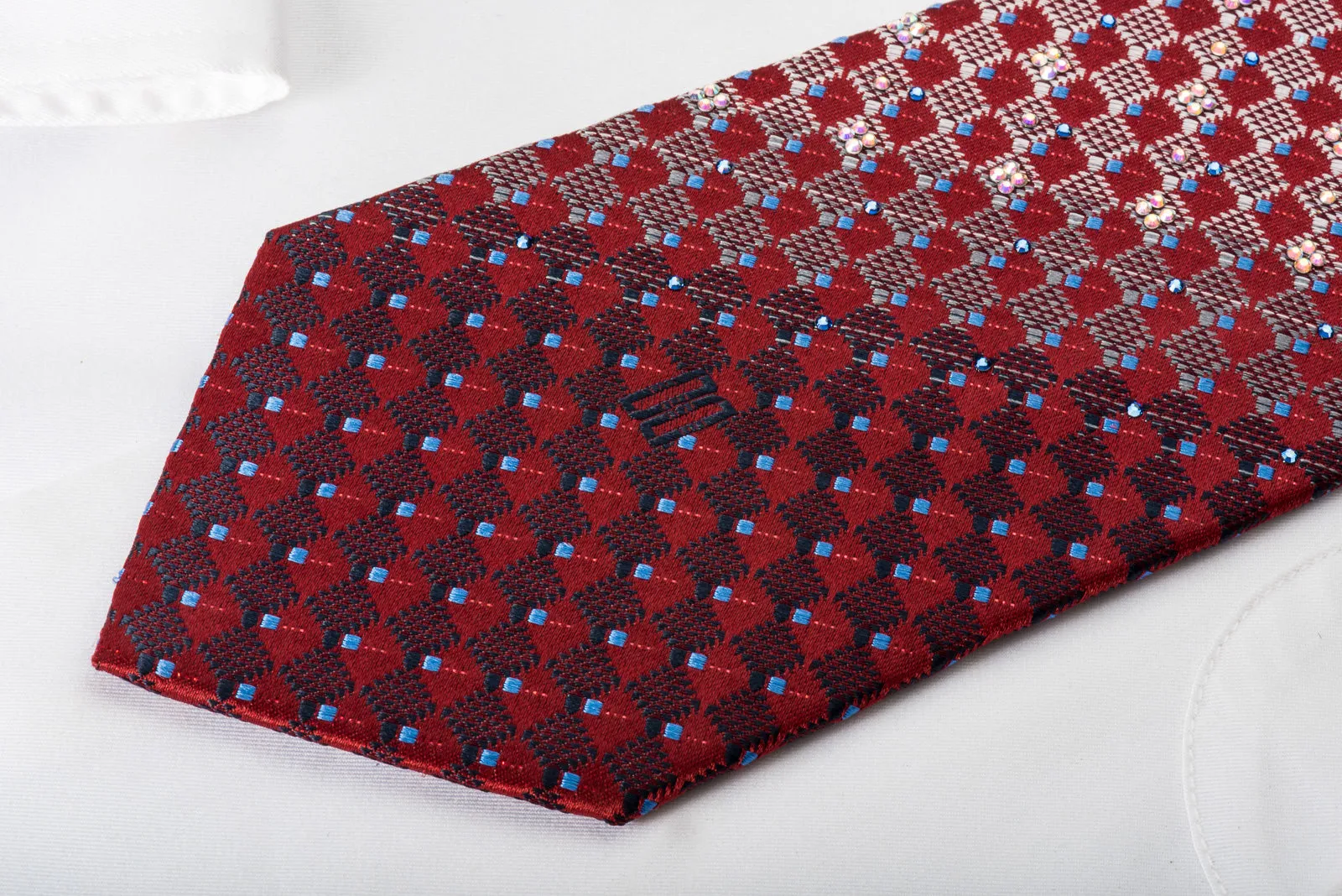 Daks Rhinestone Silk Necktie Checkered On Burgundy With Red Sparkles