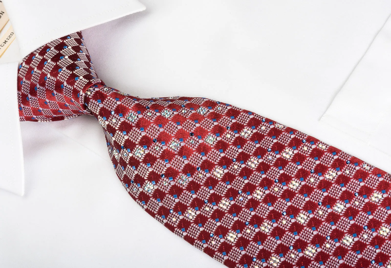 Daks Rhinestone Silk Necktie Checkered On Burgundy With Red Sparkles