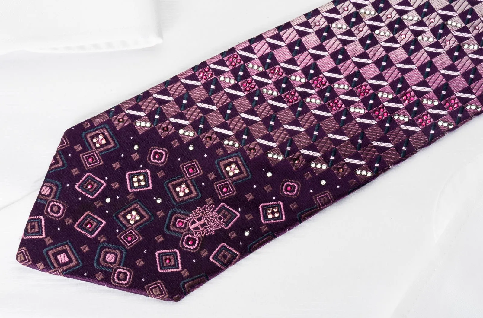 Daks Silk Rhinestone Necktie Checker On Purple With Silver Sparkles