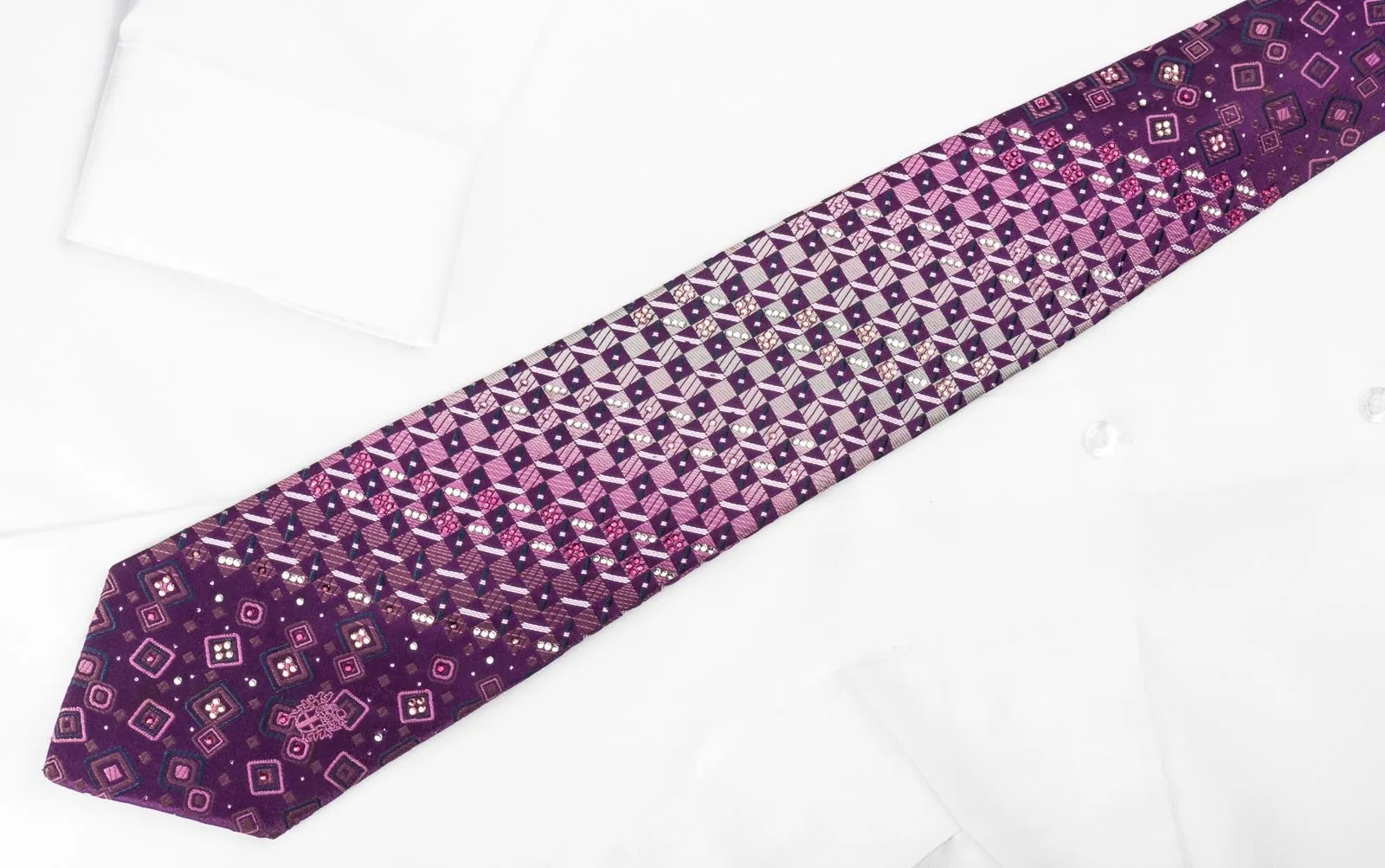 Daks Silk Rhinestone Necktie Checker On Purple With Silver Sparkles