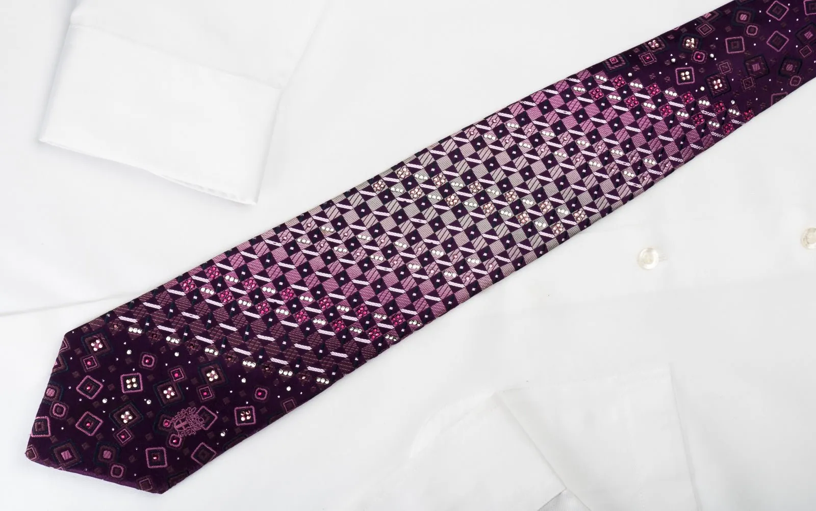 Daks Silk Rhinestone Necktie Checker On Purple With Silver Sparkles