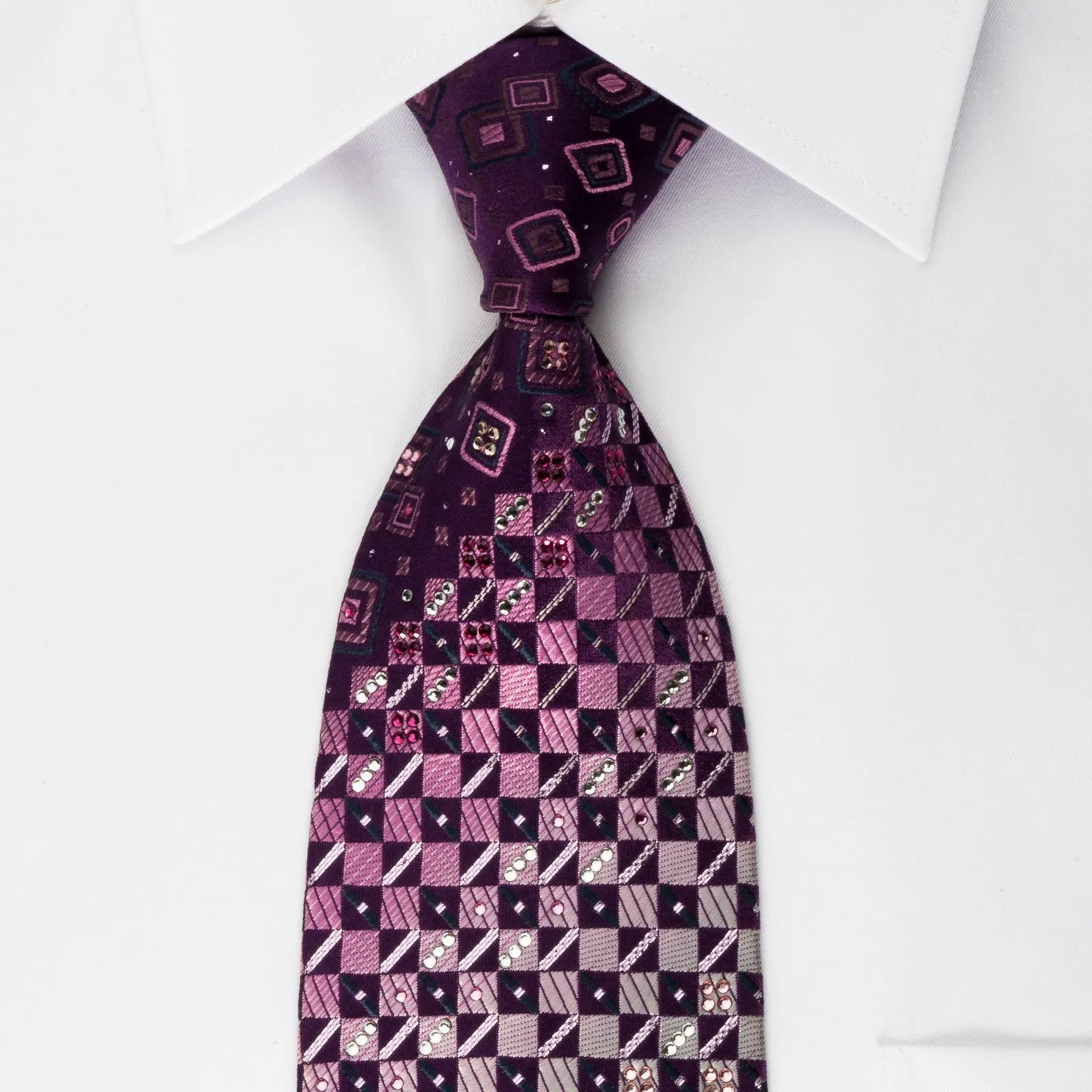 Daks Silk Rhinestone Necktie Checker On Purple With Silver Sparkles