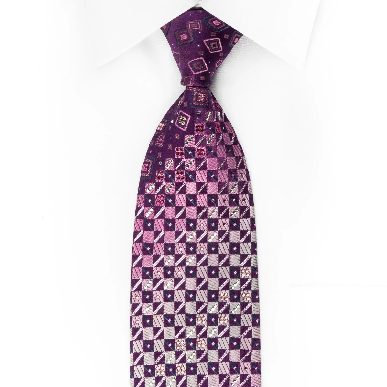 Daks Silk Rhinestone Necktie Checker On Purple With Silver Sparkles