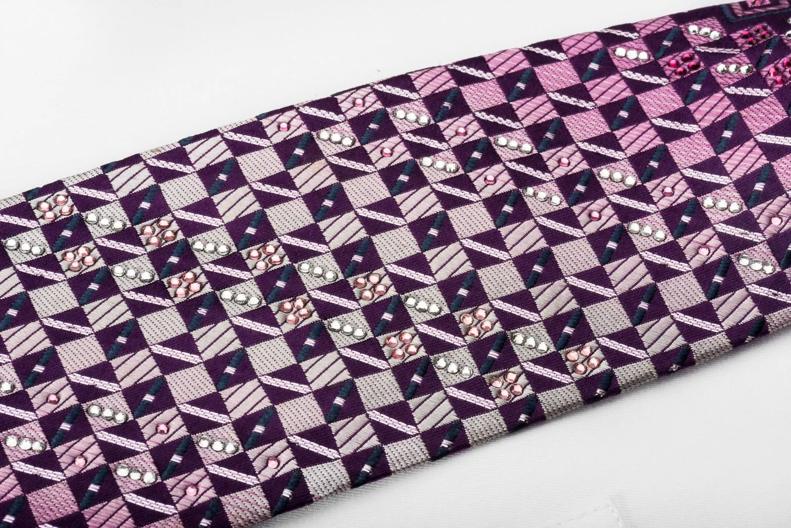 Daks Silk Rhinestone Necktie Checker On Purple With Silver Sparkles