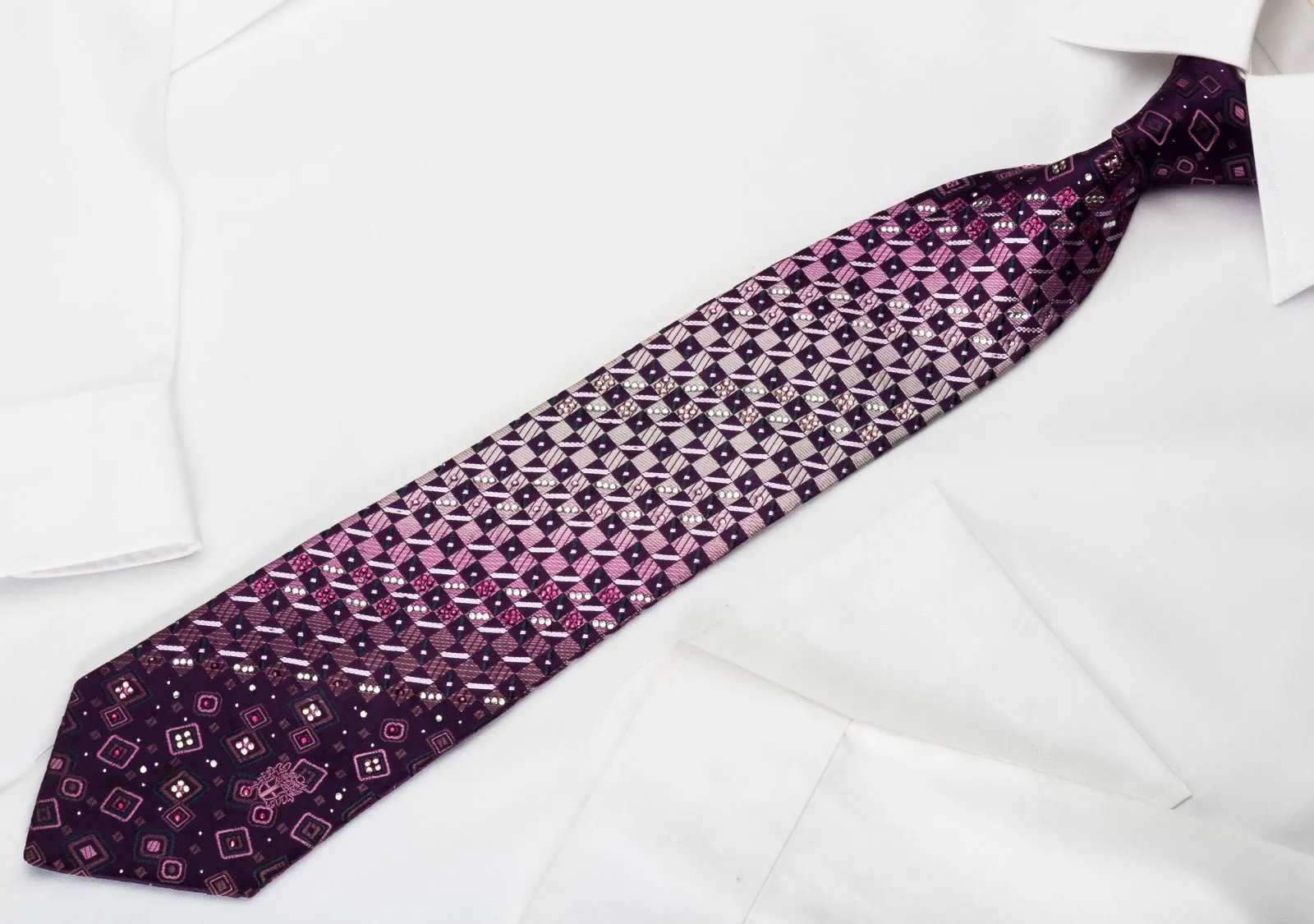 Daks Silk Rhinestone Necktie Checker On Purple With Silver Sparkles