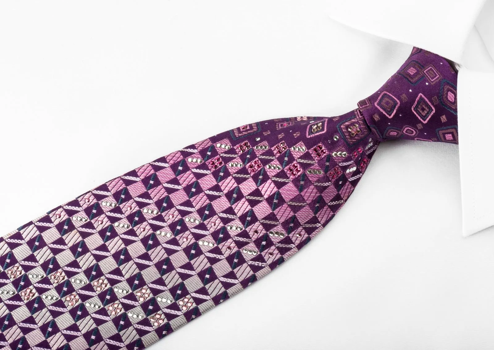Daks Silk Rhinestone Necktie Checker On Purple With Silver Sparkles