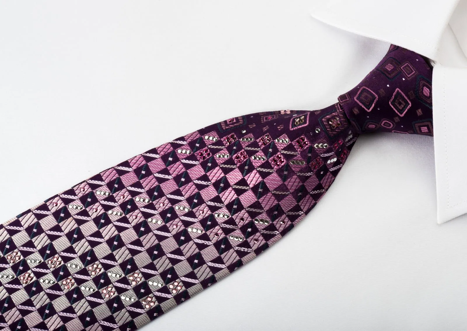 Daks Silk Rhinestone Necktie Checker On Purple With Silver Sparkles