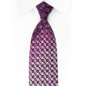 Daks Silk Rhinestone Necktie Checker On Purple With Silver Sparkles