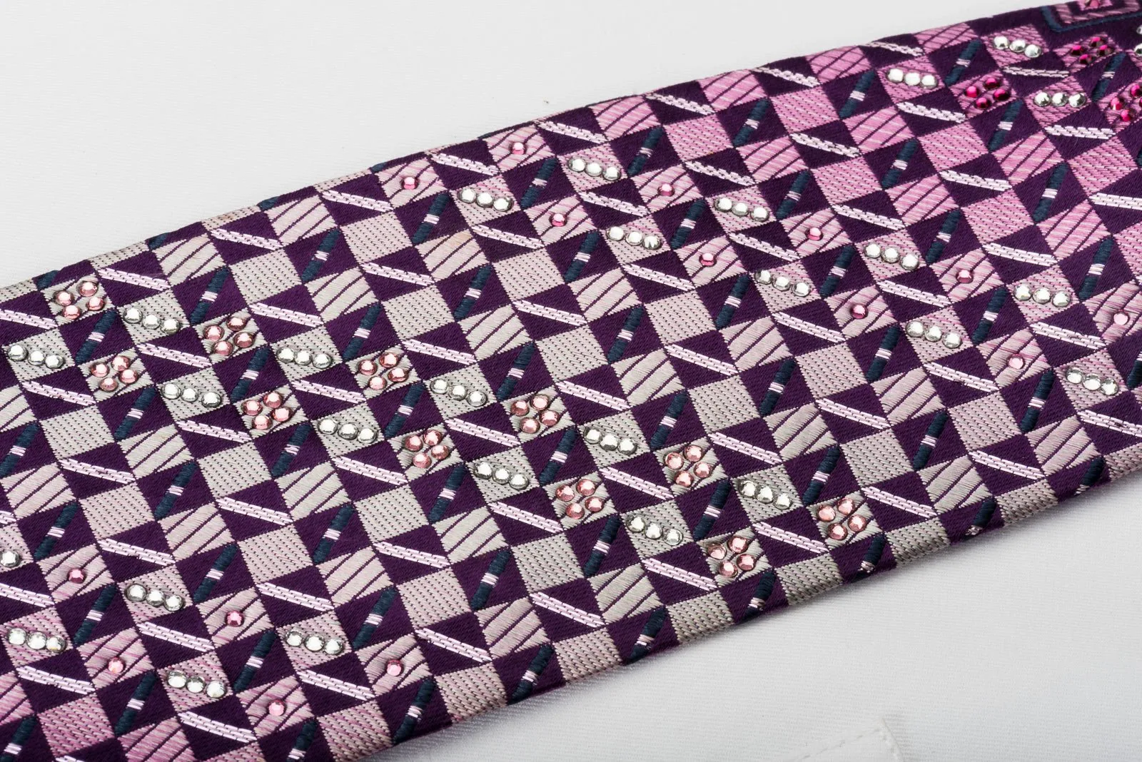 Daks Silk Rhinestone Necktie Checker On Purple With Silver Sparkles