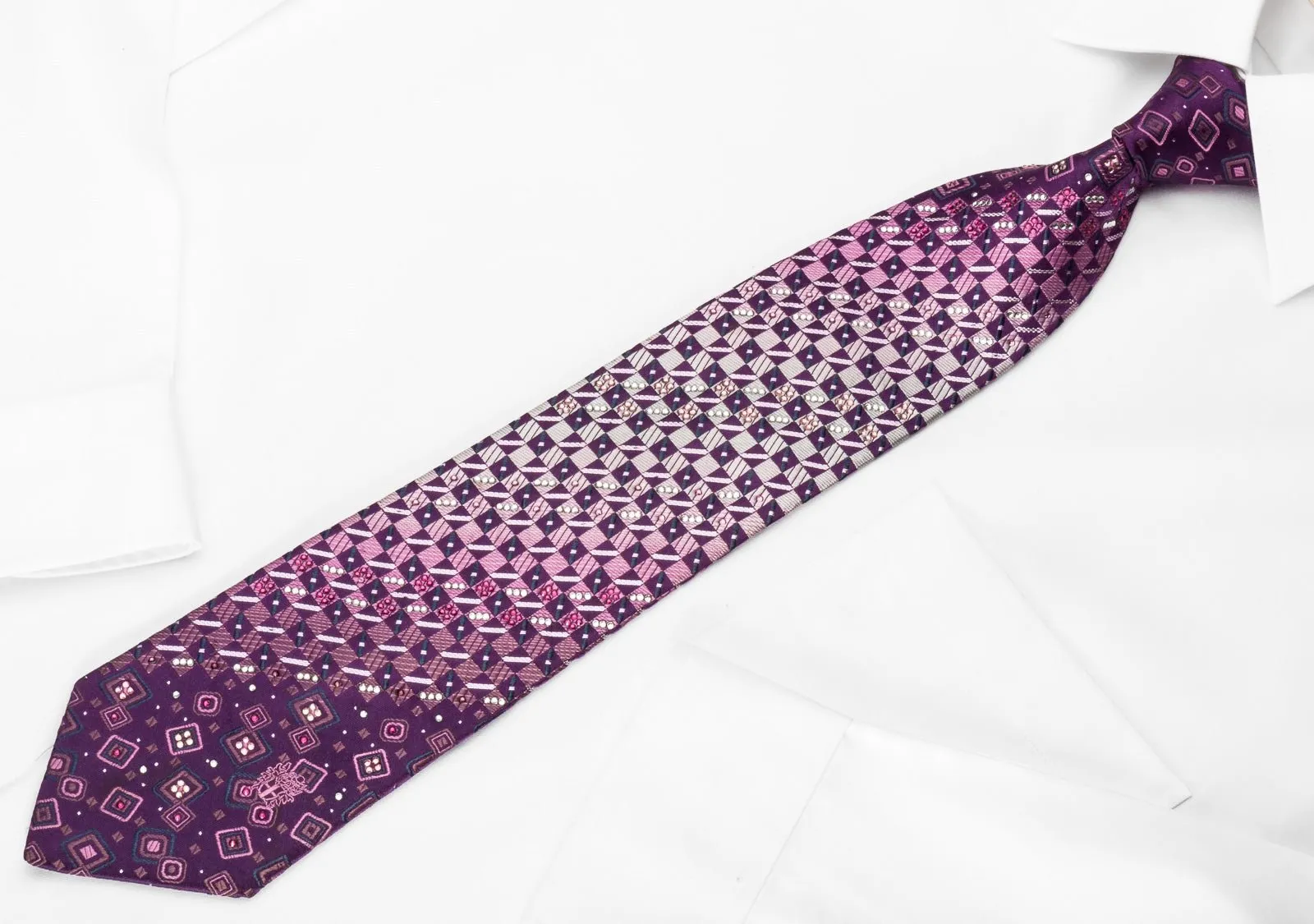Daks Silk Rhinestone Necktie Checker On Purple With Silver Sparkles