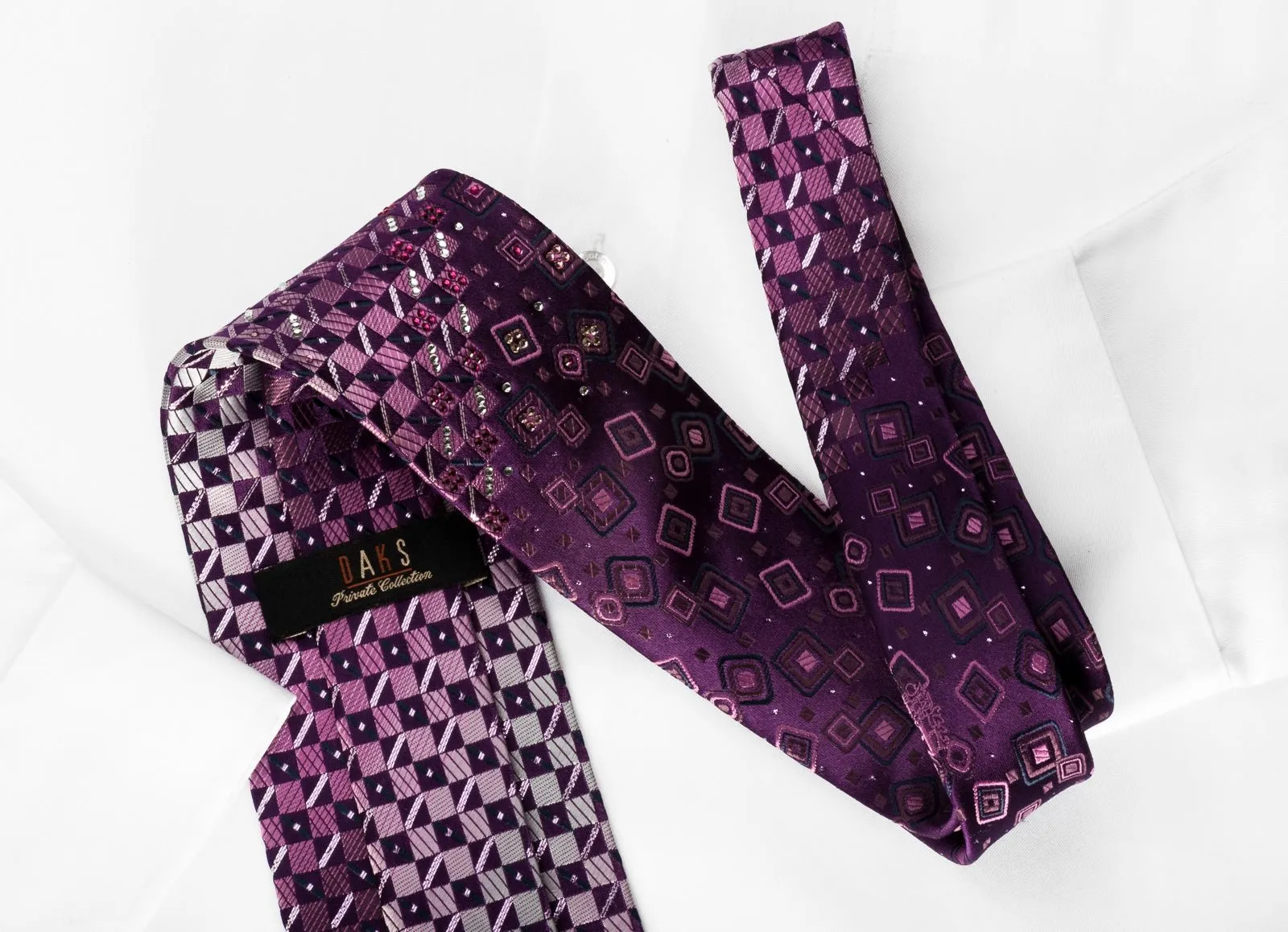 Daks Silk Rhinestone Necktie Checker On Purple With Silver Sparkles