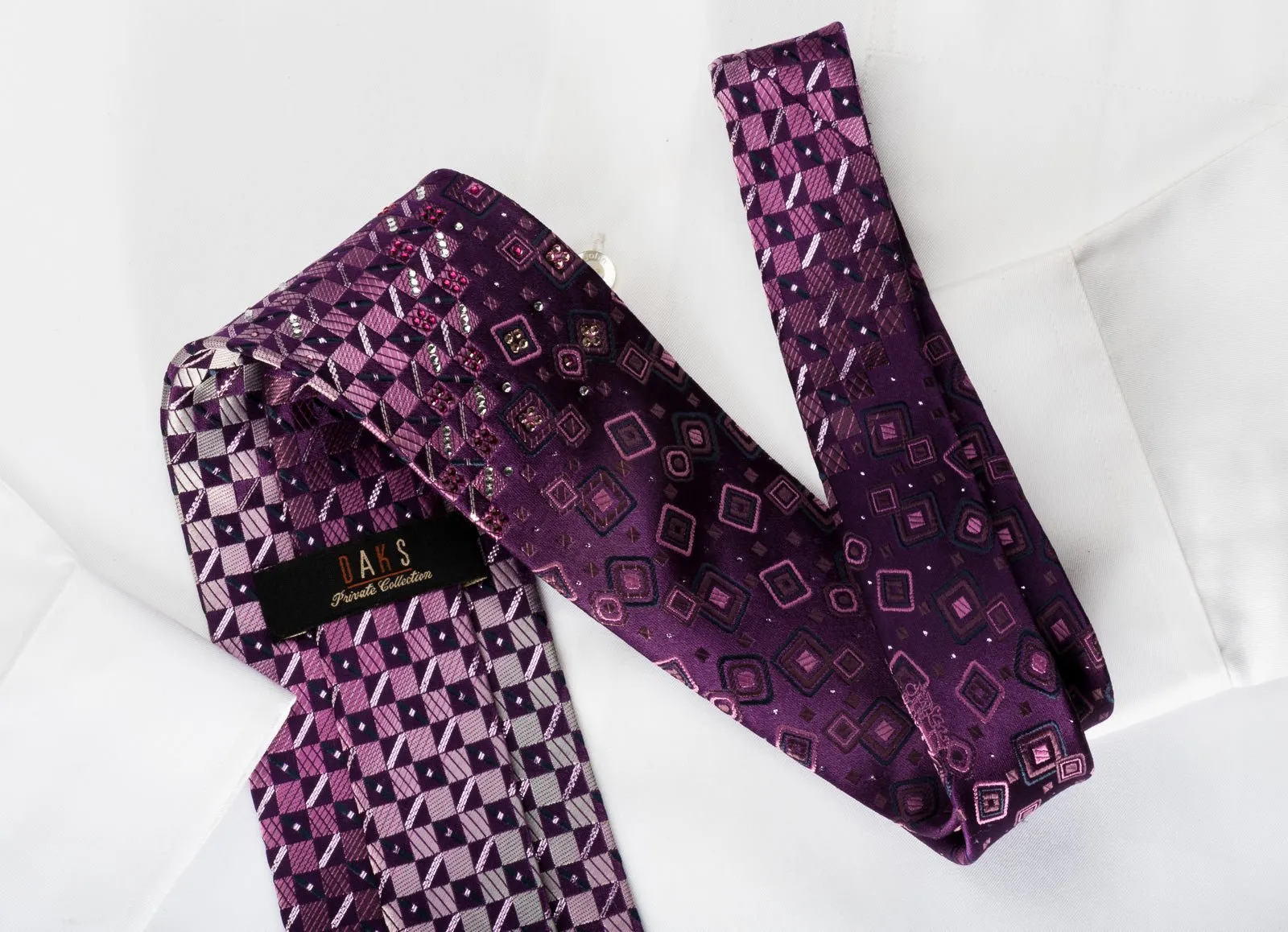 Daks Silk Rhinestone Necktie Checker On Purple With Silver Sparkles