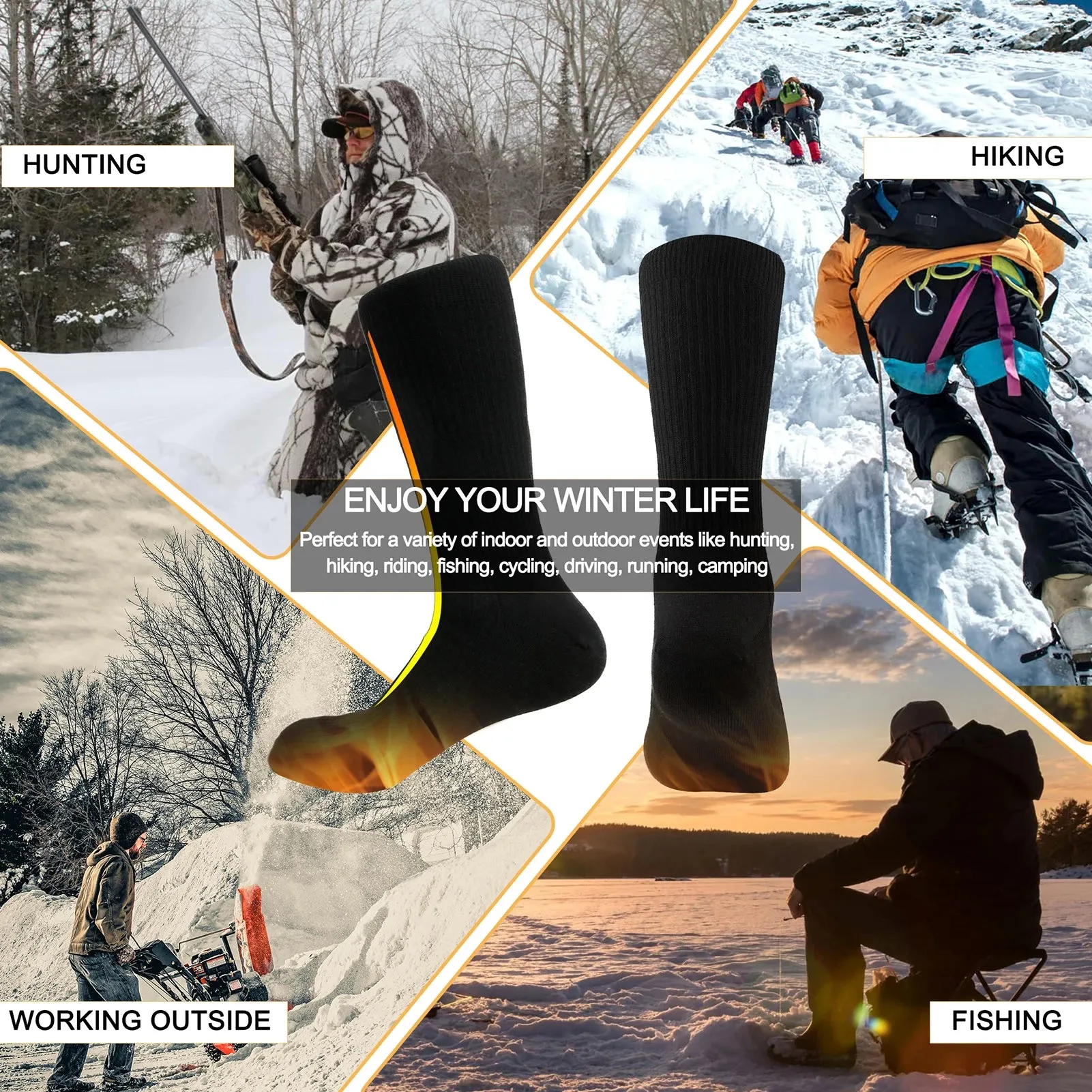 Electric Heated Socks Battery Powered Heated Socks Winter Warm Cotton Socks Foot Warmer for Skiing Camping Hiking