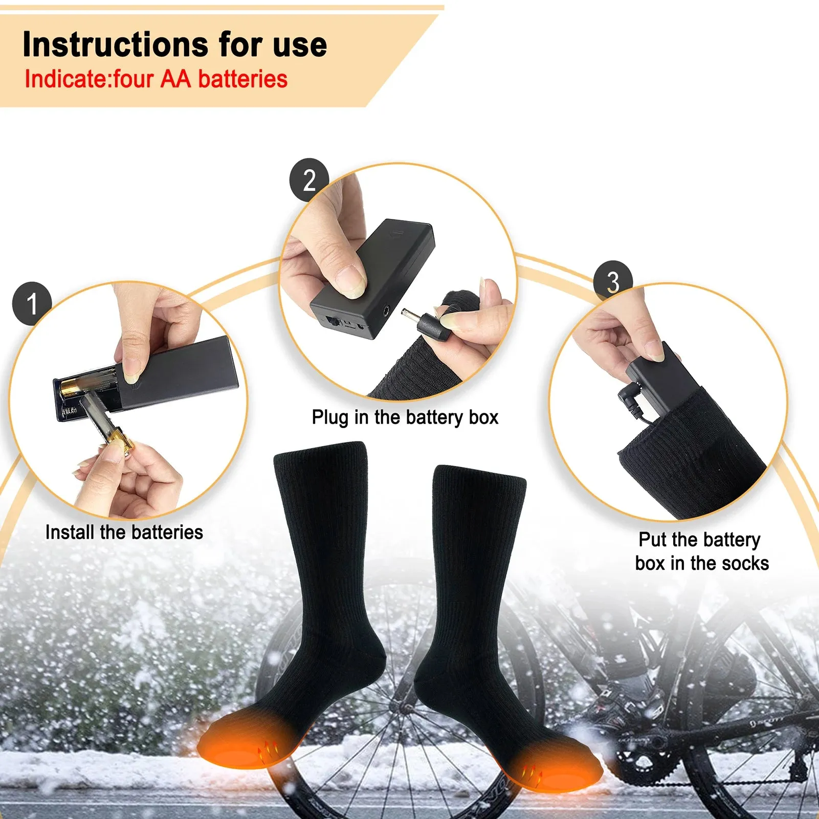 Electric Heated Socks Battery Powered Heated Socks Winter Warm Cotton Socks Foot Warmer for Skiing Camping Hiking