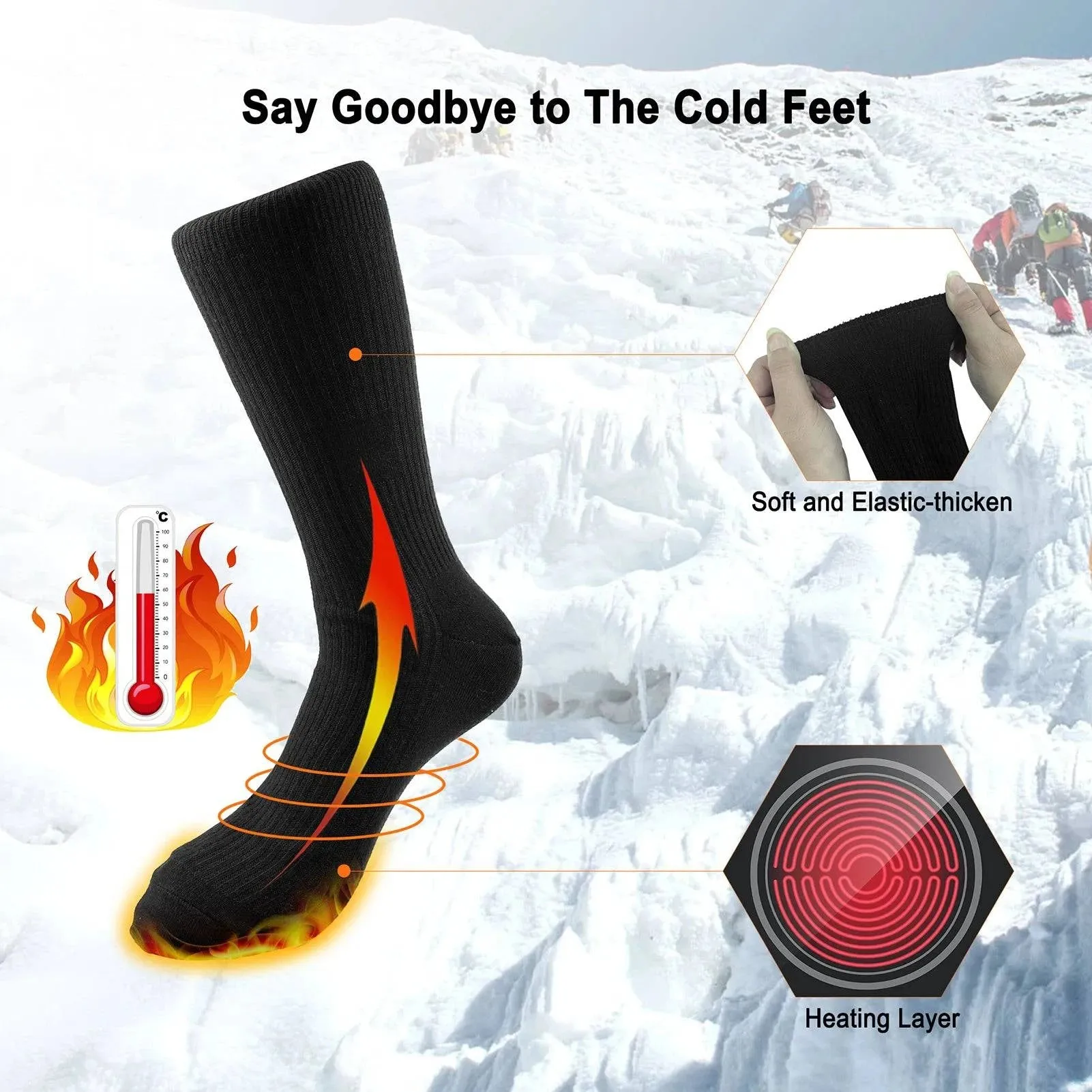 Electric Heated Socks Battery Powered Heated Socks Winter Warm Cotton Socks Foot Warmer for Skiing Camping Hiking