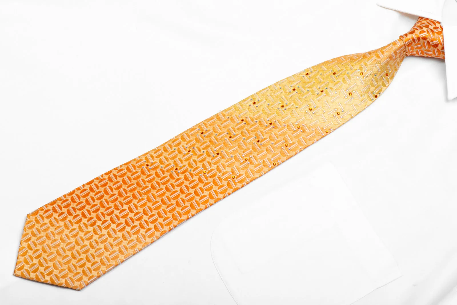 Elegance Rhinestone Silk Necktie Geometric On Orange With Silver Sparkles
