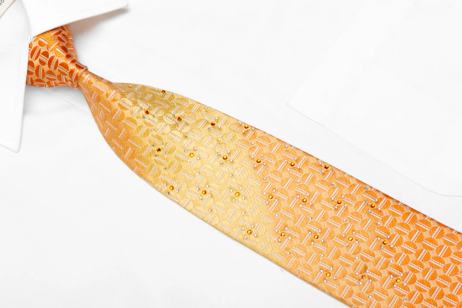 Elegance Rhinestone Silk Necktie Geometric On Orange With Silver Sparkles
