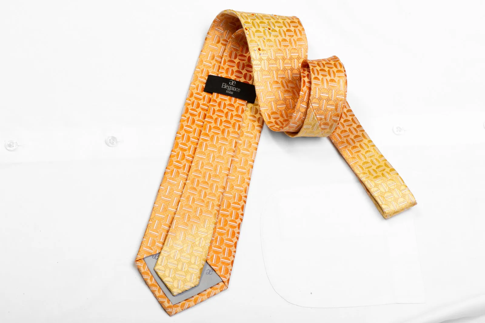 Elegance Rhinestone Silk Necktie Geometric On Orange With Silver Sparkles