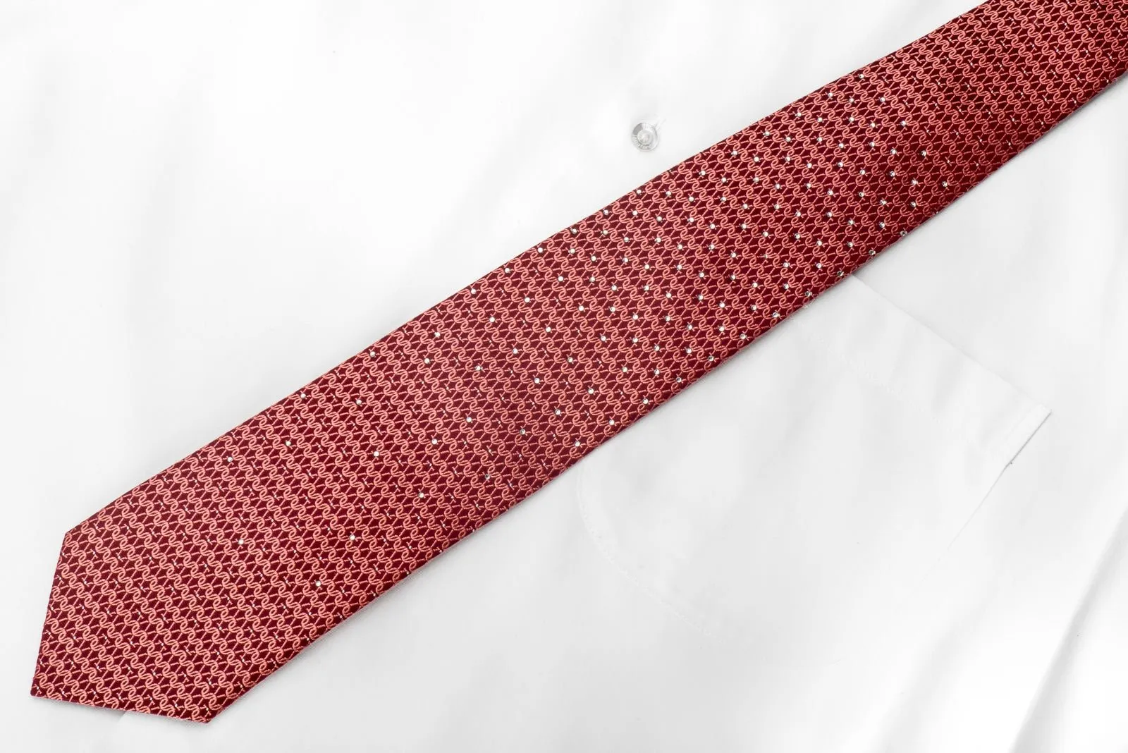 Elle Homme Mens Crystal Silk Tie Chainmail On Red With Silver Sparkles