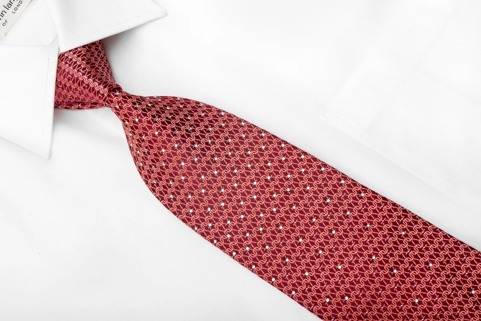 Elle Homme Mens Crystal Silk Tie Chainmail On Red With Silver Sparkles