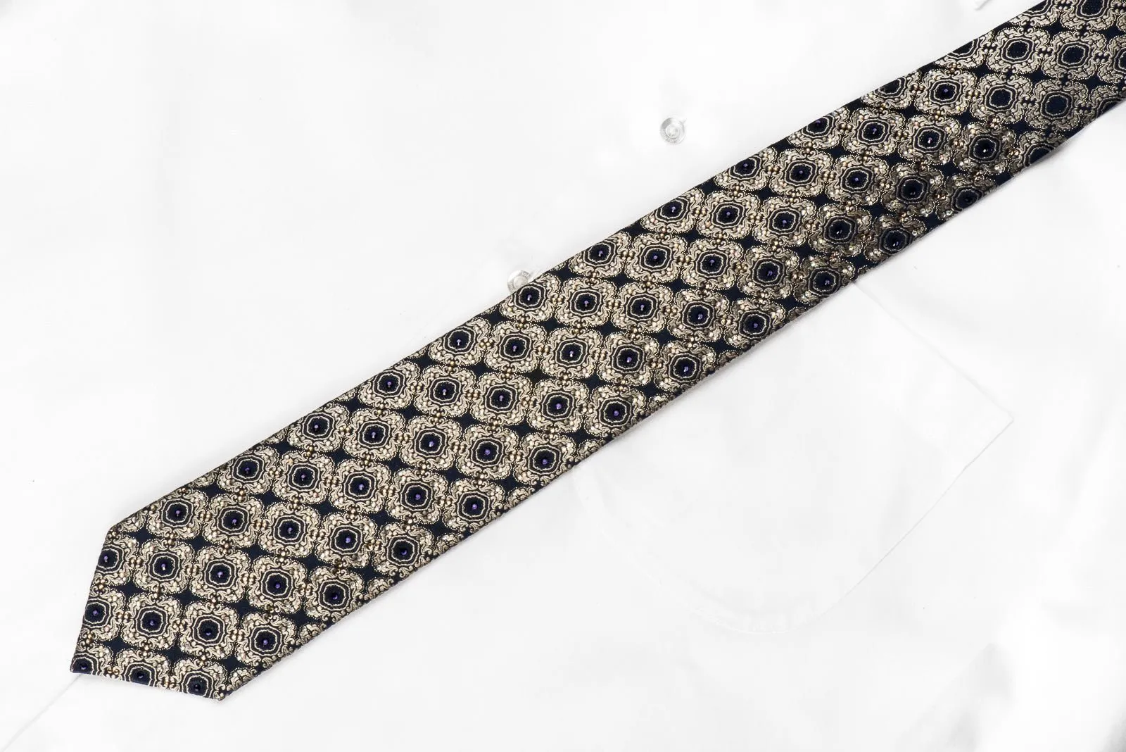 Golden Cartouche On Navy Men's Crystal Silk Tie With Sparkles