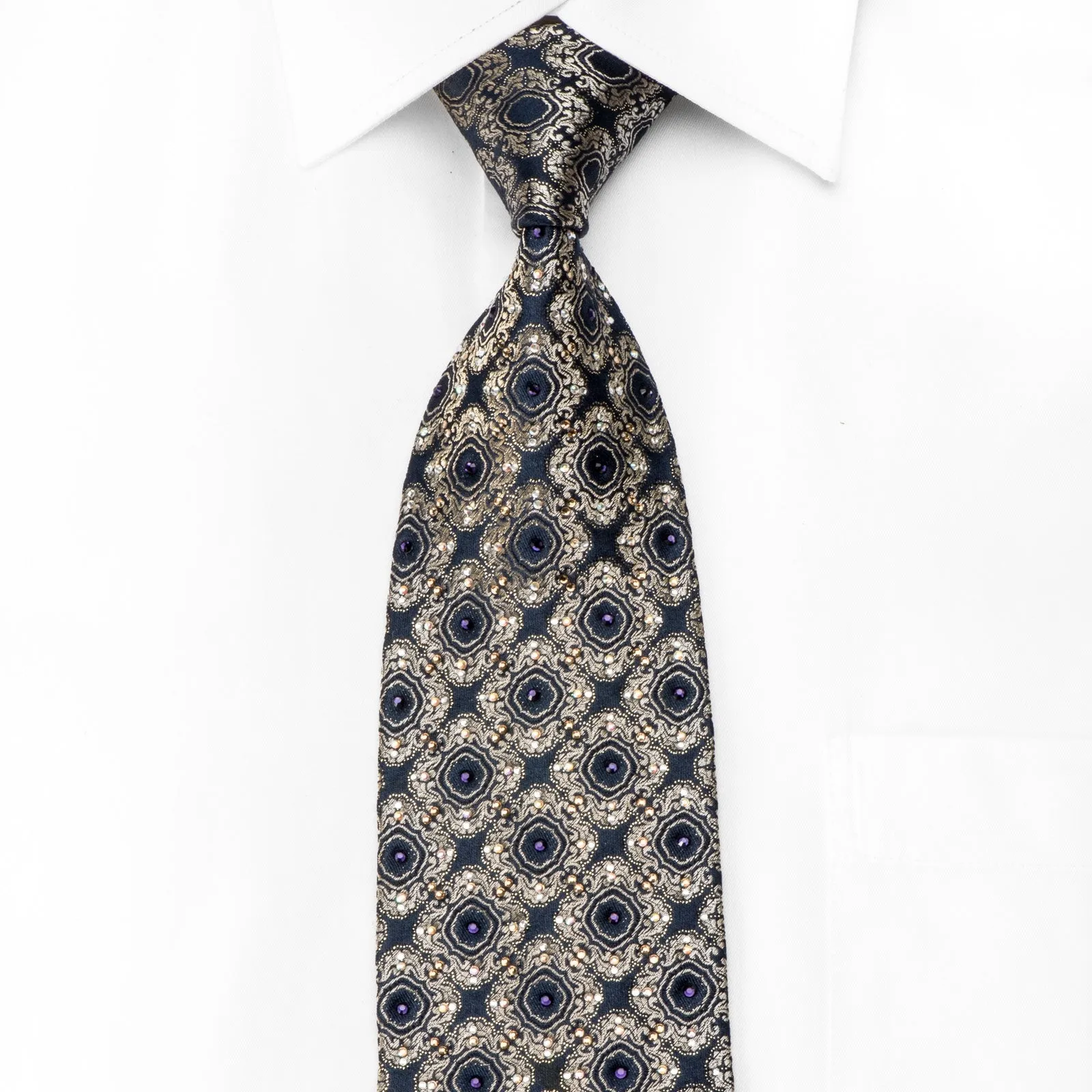Golden Cartouche On Navy Men's Crystal Silk Tie With Sparkles